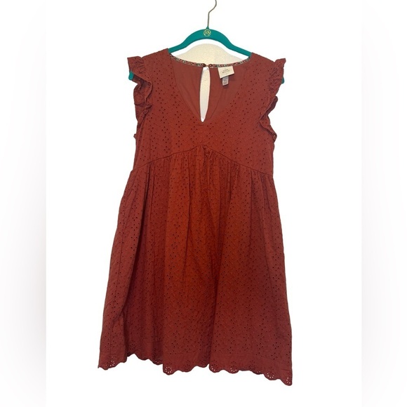 Knox Rose Burnt Orange Eyelet Flutter Sleeve V-Neck Dress Size XS - Picture 3 of 17